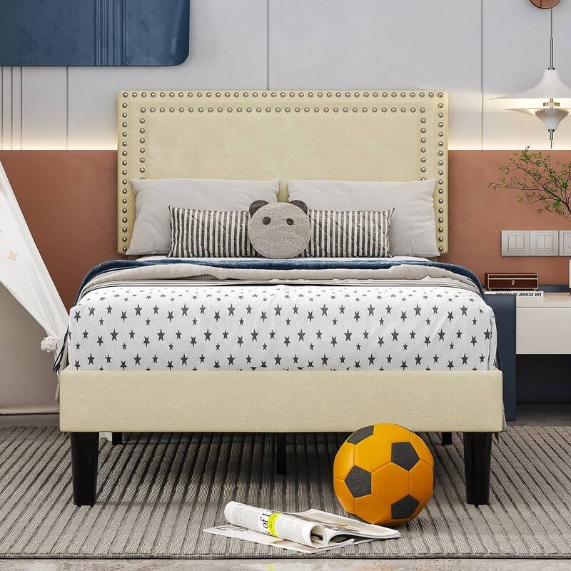 Set of 2 Twin Size Tufted Upholstered Platform Beds Dorm Style Minimalist Metal Frame with Slats No Box Spring Needed