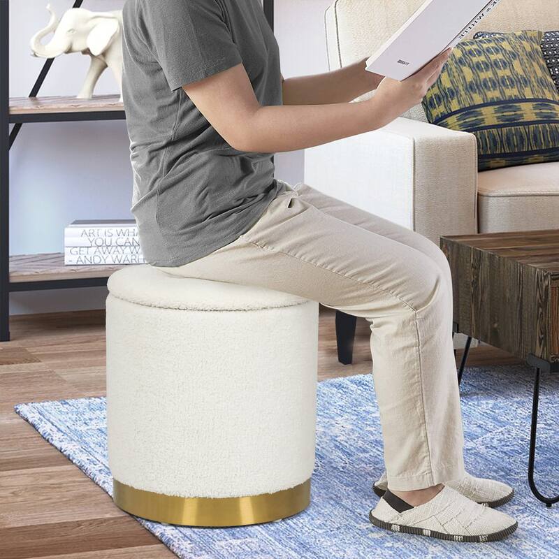 Adeco Velvet Round Storage Stool Gold Plating Base Storage Ottoman