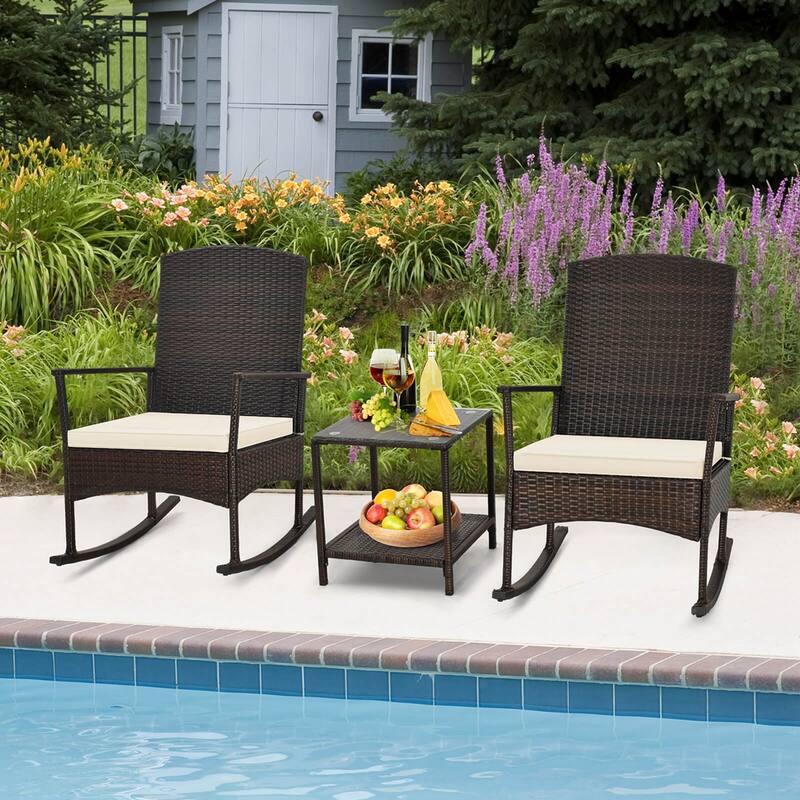 Costway 3 Piece Patio Rocking Set Wicker Rocking Chairs with 2-Tier - See Details