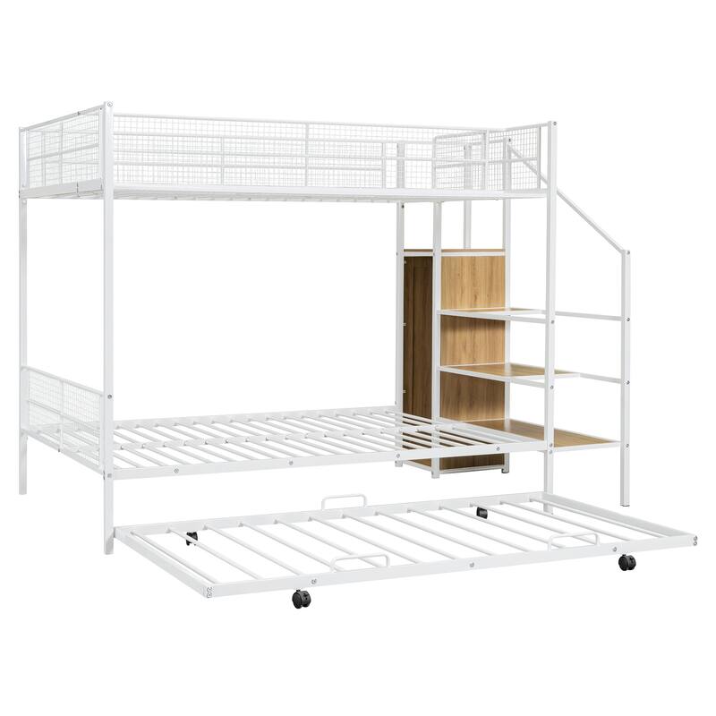 Twin Over Full Bunk Bed with Trundle, Storage Ladder, and Wardrobe, Perfect for Families or Guest Rooms