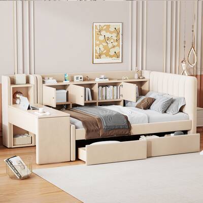 Roomfitters Twin Upholstered Daybed with Storage Drawers, Flip Cabinets, Shelves and Side Table