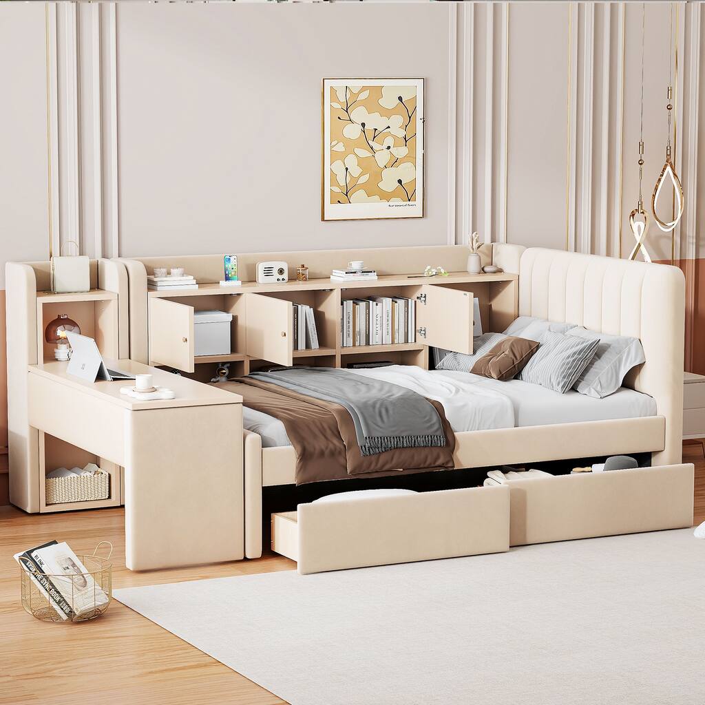 Twin Captains Bed Upholstered Bookcase Daybed with Study Table, Flip Cabinets and 2 Under-bed Drawers, L-shape Corner Sofa Bed