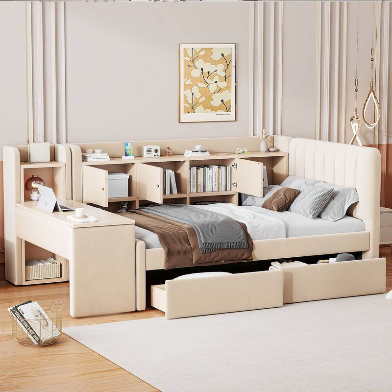 Twin Size Upholstered Daybed with Drawers, Shelves, Flip Cabinets & Side Table, Beige - Beige