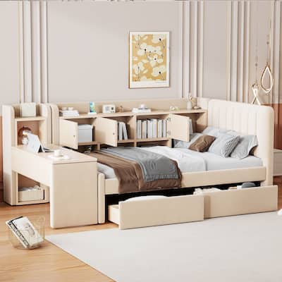 Twin Size Upholstered Daybed with Drawers, Shelves, Flip Cabinets & Side Table, Beige
