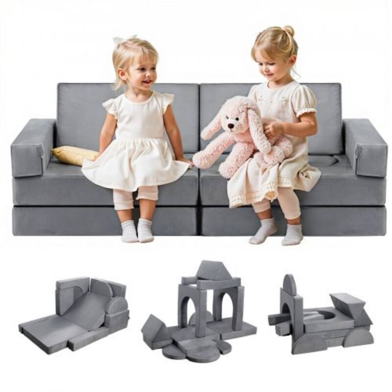 Grey 14-Piece Modular Kids Play Sectional Sofa Set with Foam Cushions for 4 Children Creative Play - 55.3 x 27.5 x 20.8 in