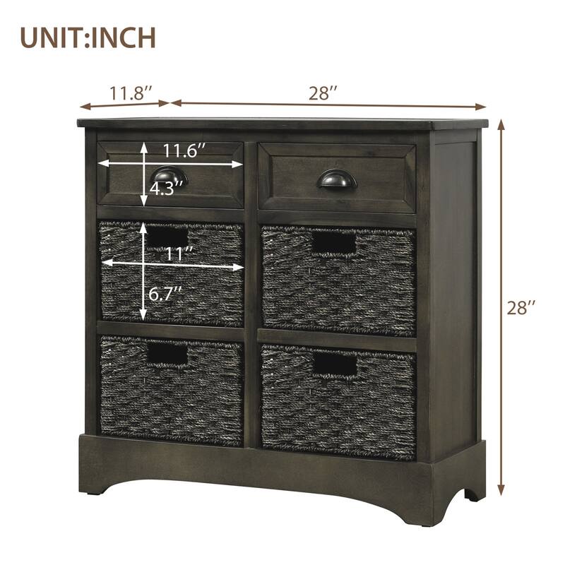 28'' Wood 2 Drawers Storage Cabinet with 4 Rattan Basket