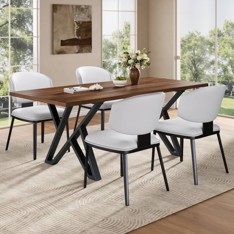 Rustic Dining Table Set with 4 Upholstered Chairs and Dining Table - Black White Walnut