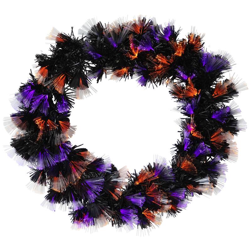 Multi-Function Fiber Optic Artificial Halloween Wreath - 24" - Black - Orange and Purple LED