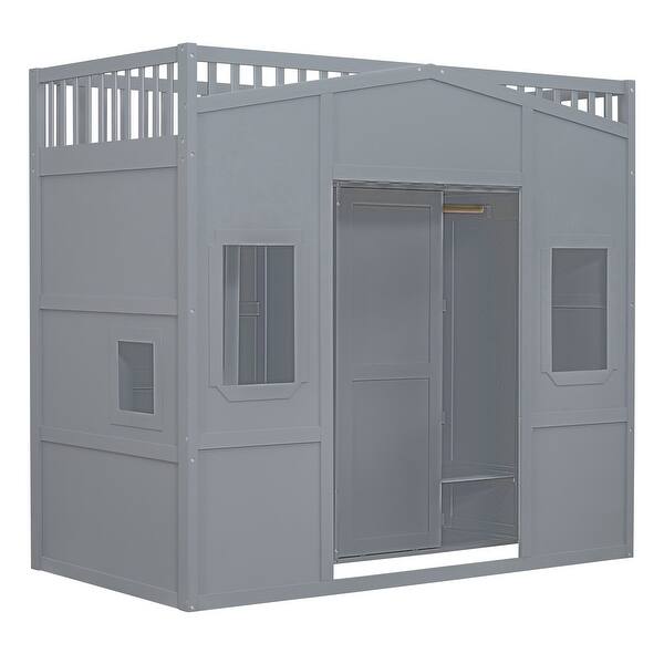 slide 2 of 20, Twin Size Wood House Loft Bed with Ladder and Wardrobe, Grey Grey - Twin