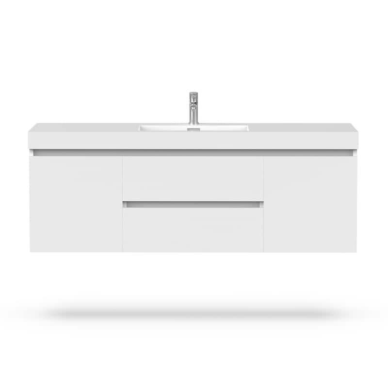 Vanity Art 48-Inch Single Sink Wall-Hung Bathroom Vanity Set White Stone Top Glossy Finish 2 Drawers 4 shelves