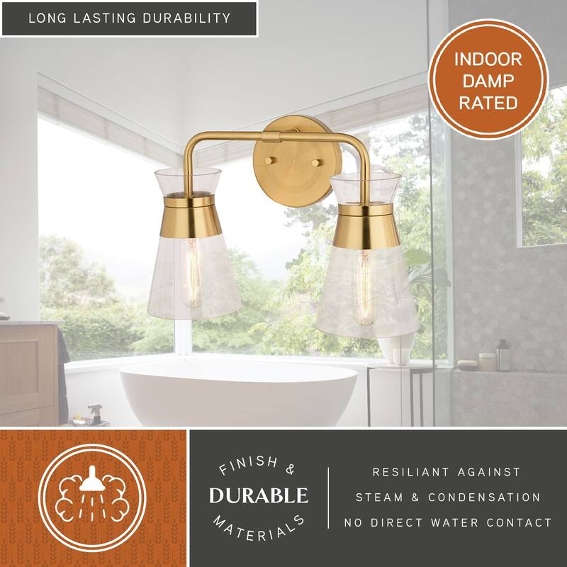 VAXCEL Harper Natural Brass Gold Mid-Century Modern Bathroom Vanity Lighting Fixture, Clear Glass Shade, Wall Sconce