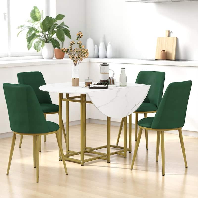 Modern Drop-Leaf 5-Piece Dining Set with Faux Marble Tabletop and Gold Metal Frame for Small Spaces