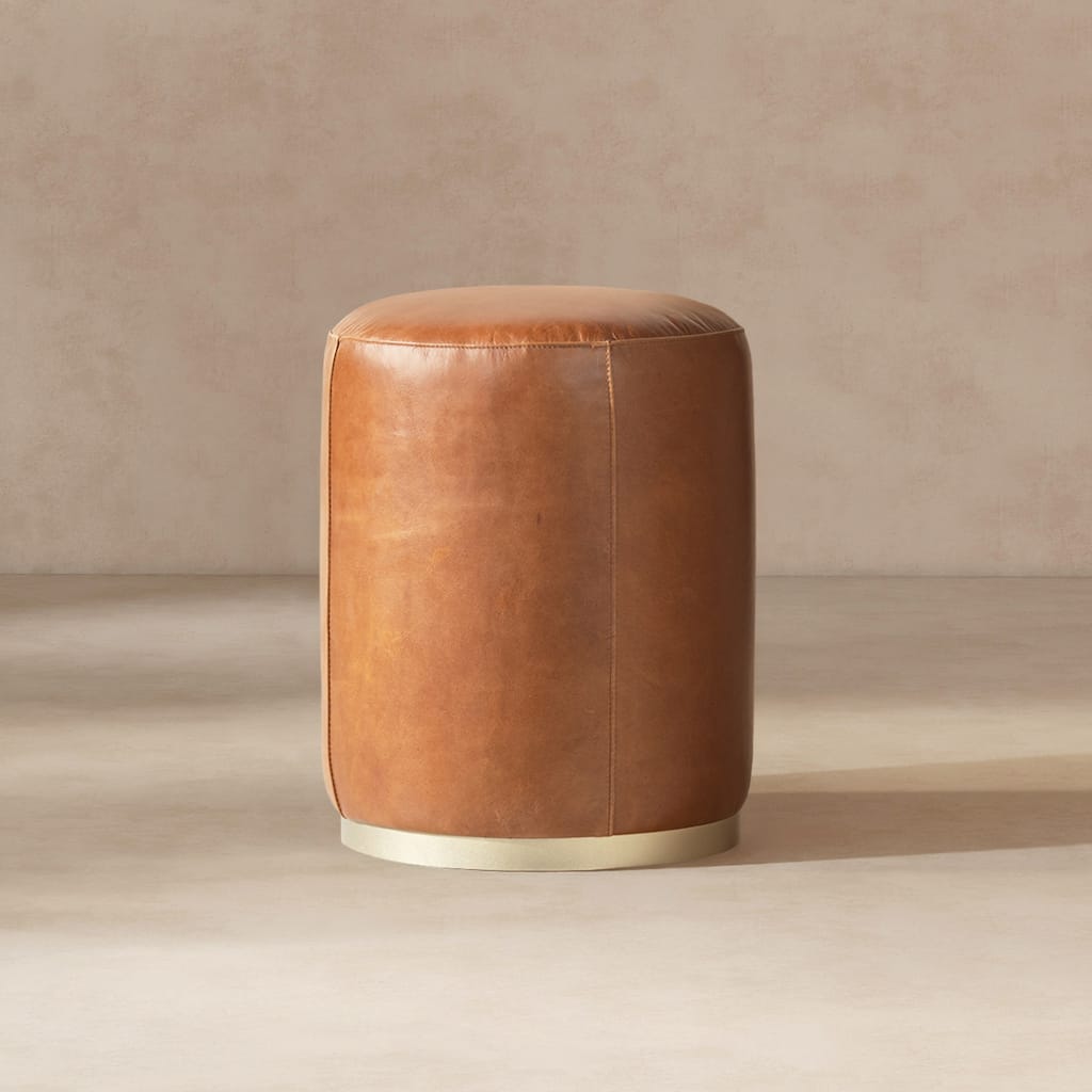 Jennifer Taylor Home Nico 16" Round Leather Ottoman Stool, Camel Brown Leather