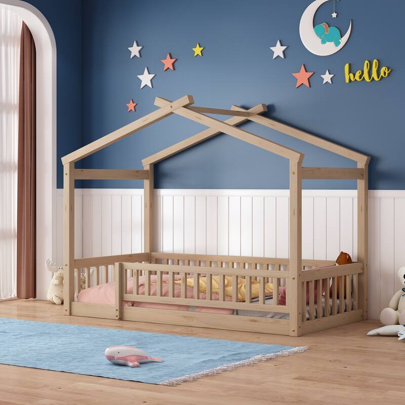 Twin Size Wood Bed House Bed Frame with Fence - Natural