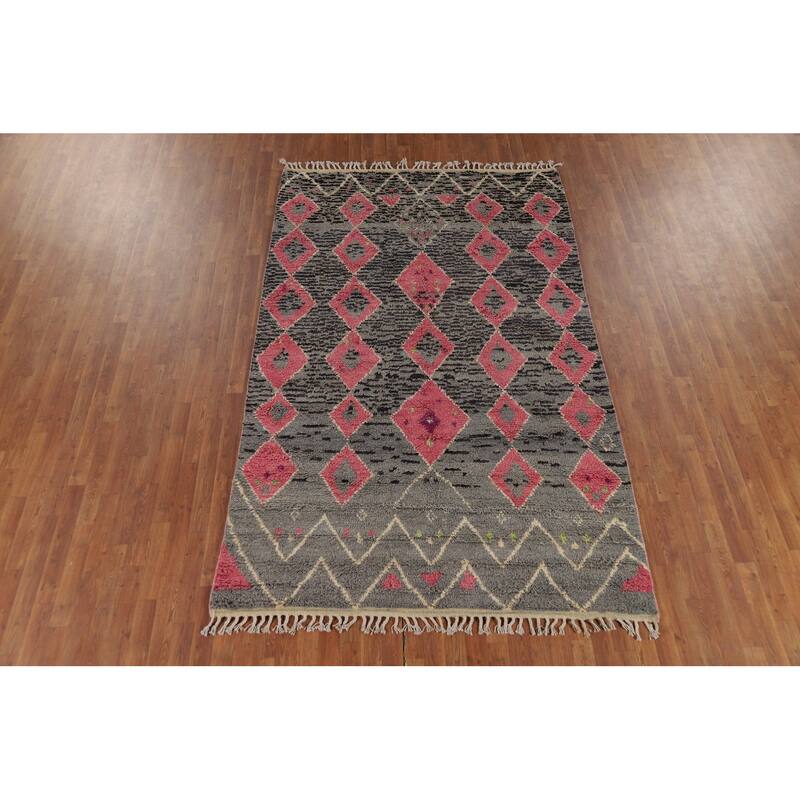 All-Over Geometric Moroccan Area Rug Handmade Wool Carpet - 5'10" x 9'7"