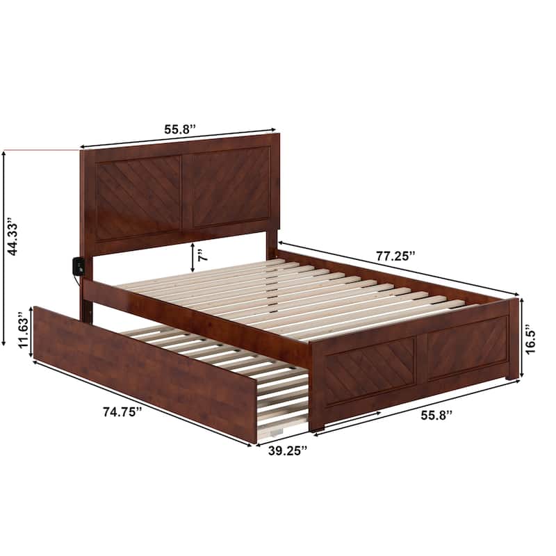 Full Size Platform Bed with Trundle - Mid Century Modern Design, Walnut Finish, Headboard Footboard Included