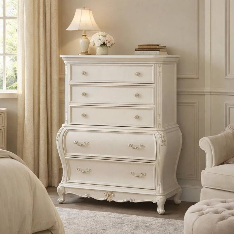 Wooden Drawer Chest with Five Drawers, Pearl White
