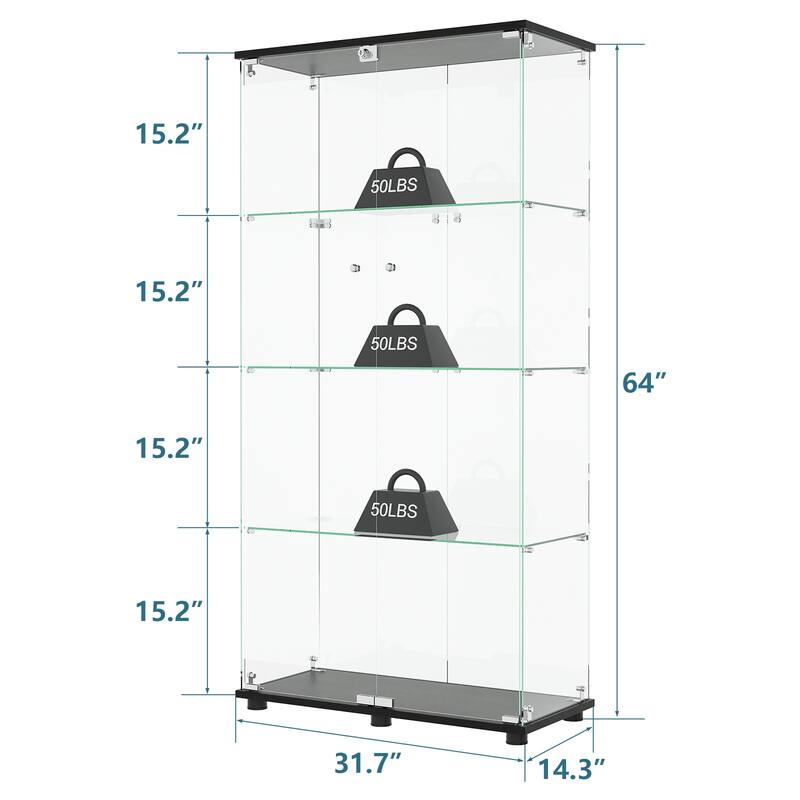 Glass Display Cabinet with 4-Shelf Double Doors and Lock, Curio Cabinet 5mm Tempered Glass Floor Standing Bookshelf