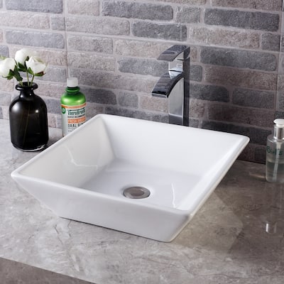 16 Inch Modern Square Above Counter White Porcelain Ceramic Bathroom Vessel Vanity Sink Art Basin