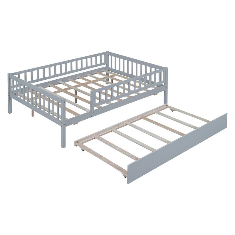 Full Size Wood Daybed with Trundle and Safety Guardrails, Space-Saving Design