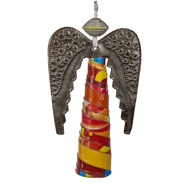 Haitian Paper Mache and Steel Drum Metal Angel Ornaments, Set of 2