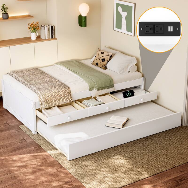 Platform Bed with Pull-out Trundle and Dual Storage Drawers, Built-in Power Strip, Wooden Bed Frame, No Box Spring Needed - White - Twin