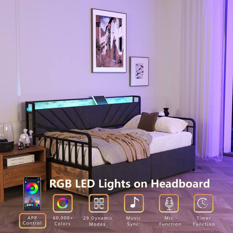 Compact Twin Daybed with Upholstered Headboard, Charging Station, and RGB LED Lighting