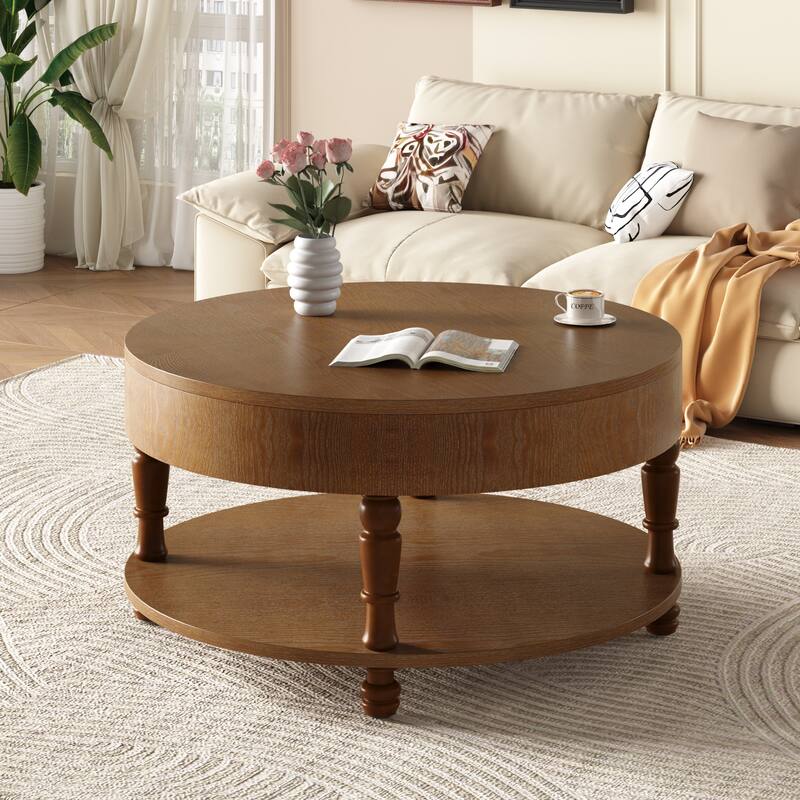 31.5" Modern Round Coffee Table with Adjustable Leveling Feet and Dual Storage