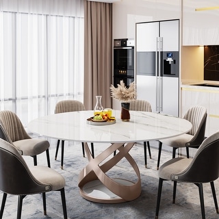 59" Round Dining Table for 8-10, White Sintered Stone Tabletop - Bed ...
