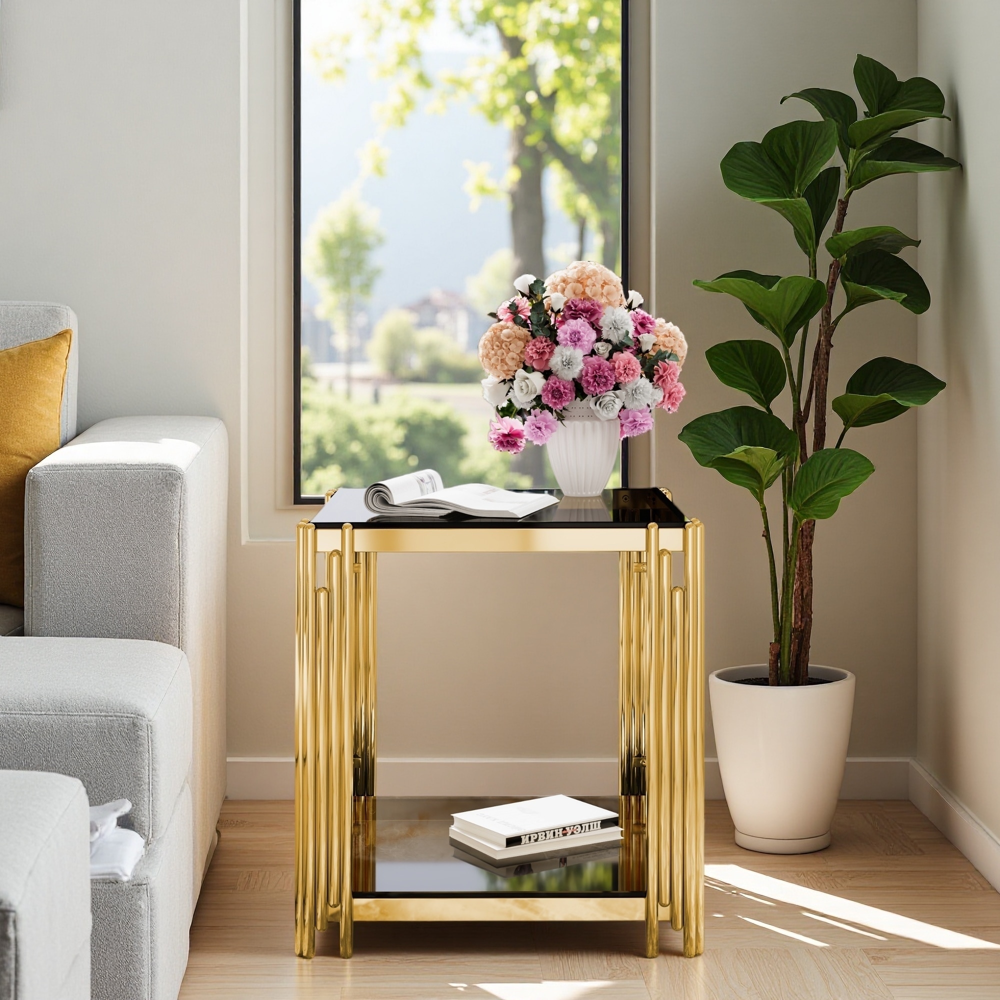 19.9" Modern Square End Table with Lower Shelf, Transparent Glass Tabletop and Gold-Finished Metal Base