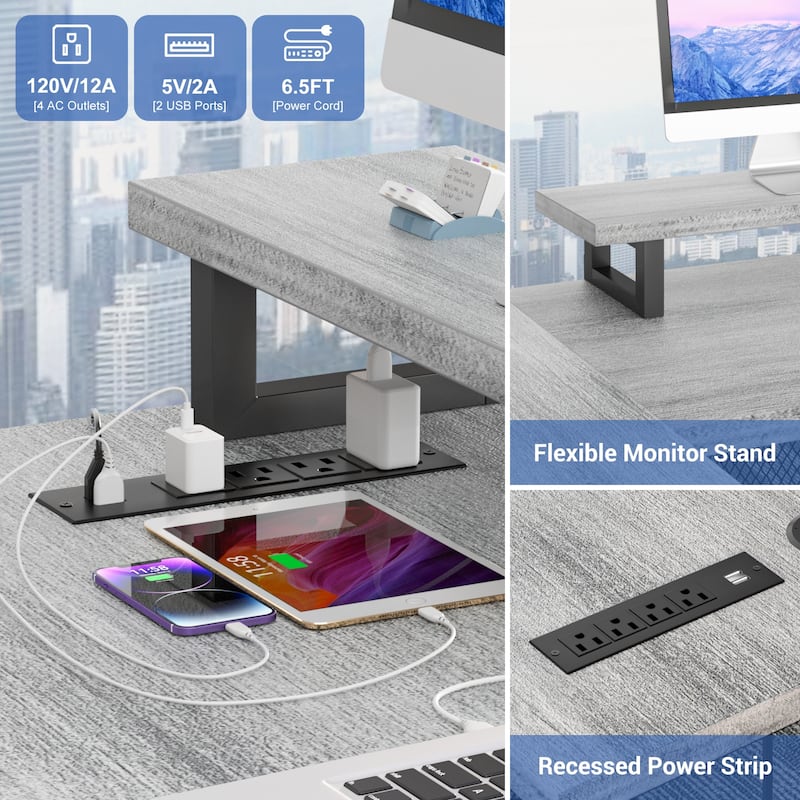 3-in-one U-Shape Computer Desk with Charge Station, Office Corner Desk with Monitor Stand