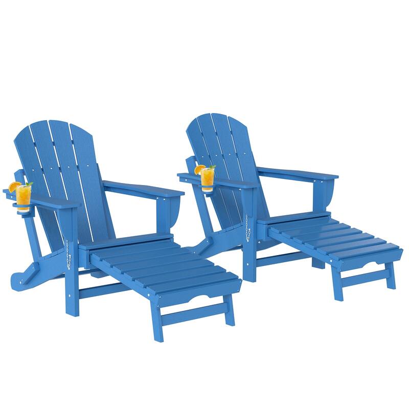 Outsunny Folding Adirondack Chair Set of 2, Outdoor HDPE Fire Pit Chair with Retractable Ottoman