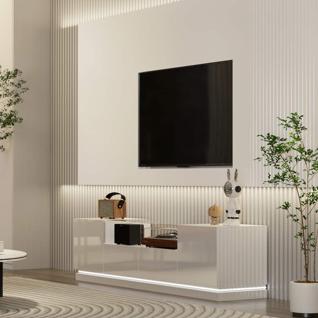 TV Stand Media Console Glass Table High Gloss LED Entertainment Center