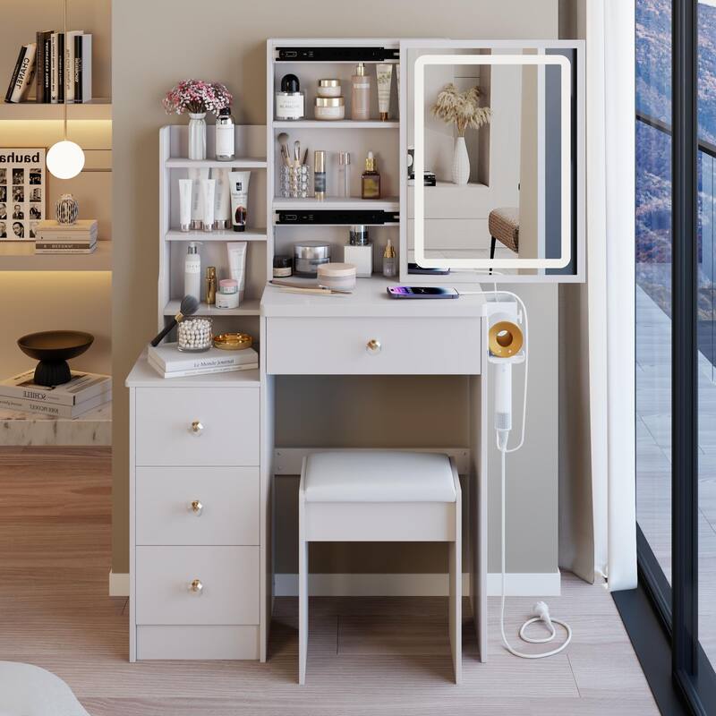 29.2" Small Size Left Bedside Cabinet Vanity Table + Cushioned Stool, 2 AC+2 USB Power Station, Hair dryer bracket - White