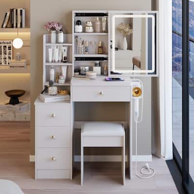 Small Size Left Bedside Cabinet Vanity Table+Cushioned Stool,USB Power Station,Touch Control Sliding LED Mirror