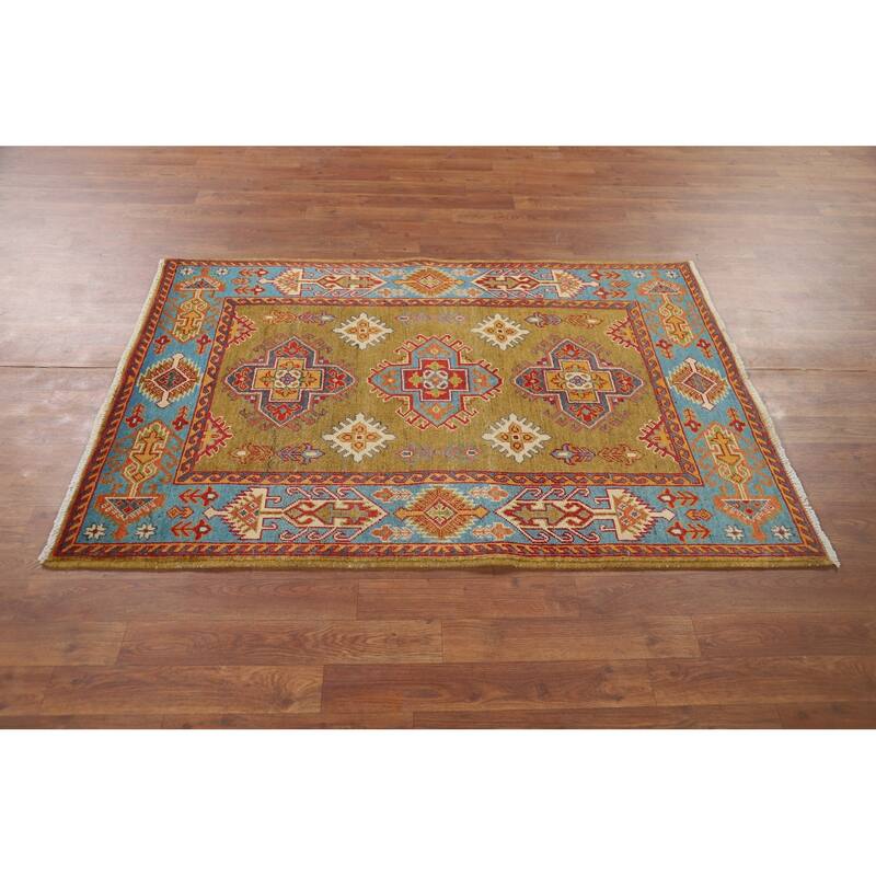 Kazak Accent Rug Handmade Yellow Geometric Wool Carpet - 3'4" x 4'10"
