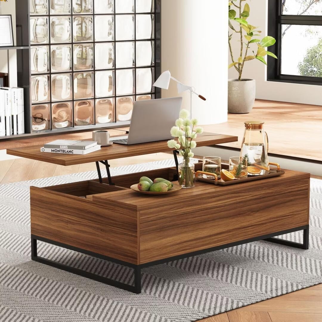 43.3 Inch Walnut Lift Top Coffee Table with Hidden Storage Metal Base