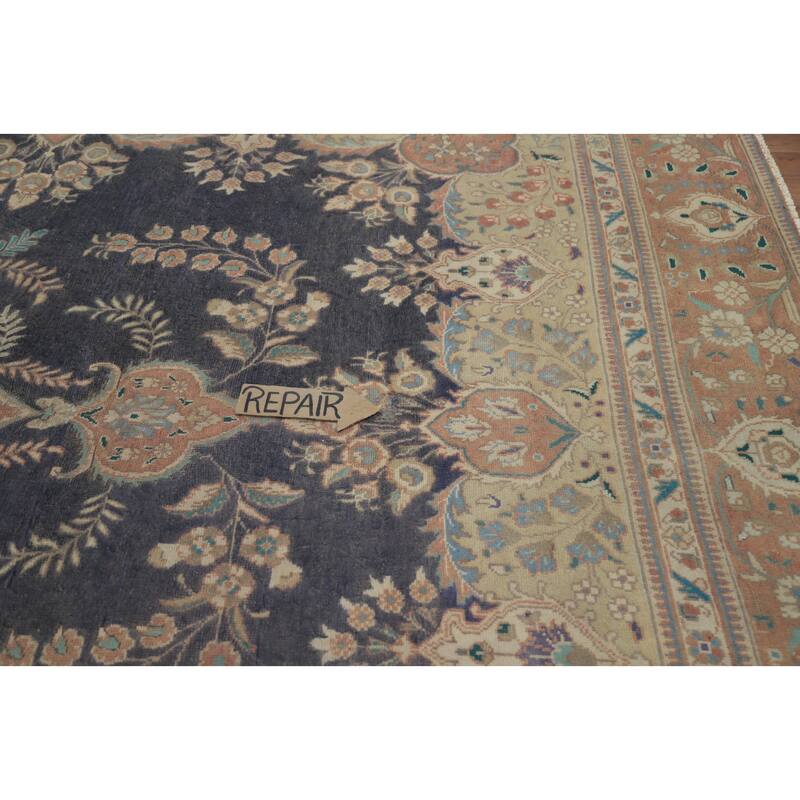 Hand Knotted Oriental 100% Wool Carpet Traditional Floral Navy Blue & Blues Tabriz Area Rug - 12' 1'' X 9' 4''