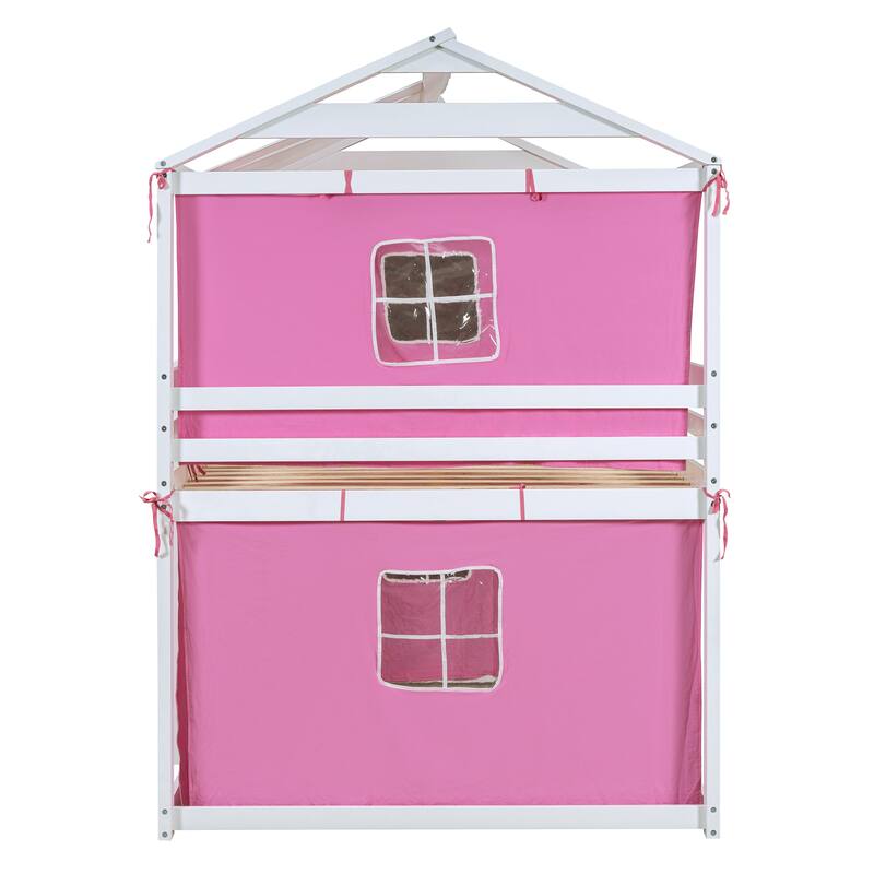 Pink+White Full Size Solid Wood House Bunk Bed with Tent, Ladder and Fence for Kids, Bedroom
