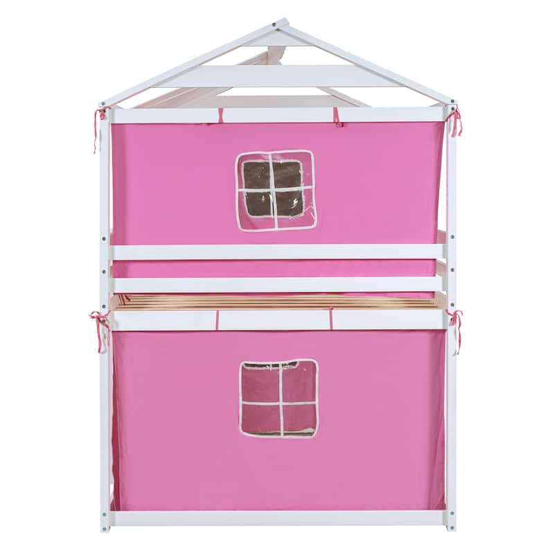 Solid Wood House Bunk Bed with Tent, Ladder and Fence for Kids, Bedroom