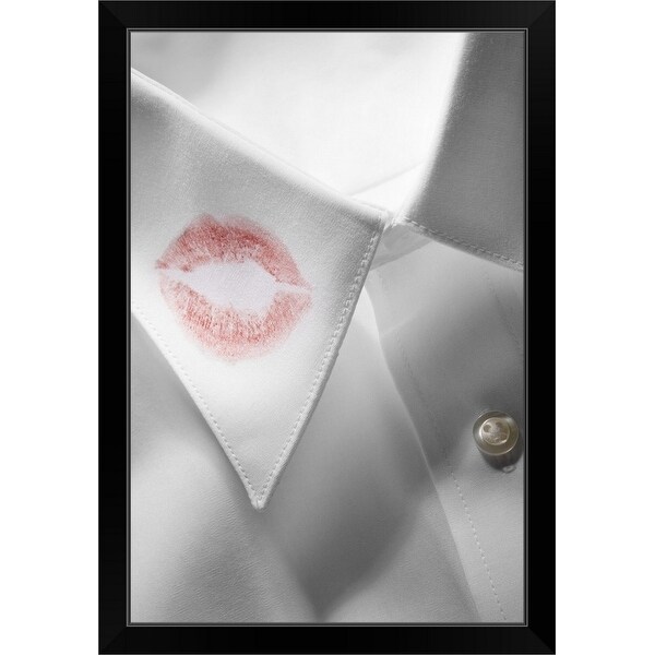 "Detail of lipstick on man's collar" Black Framed Print