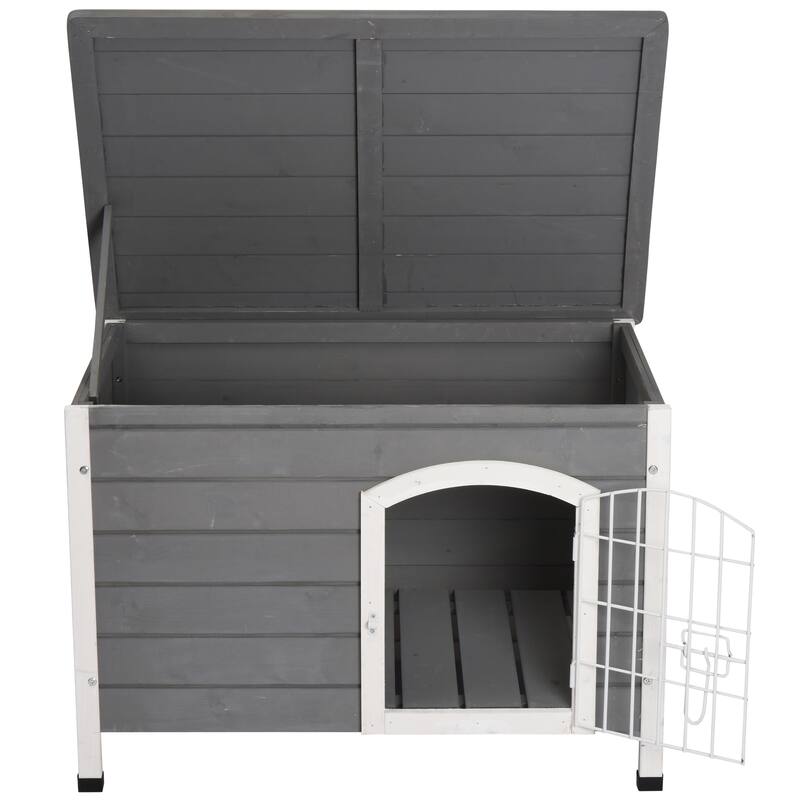 PawHut 21'' Wooden Decorative Dog Cage Kennel Wire Door with Lock Small Animal House with Openable Top Removable Bottom Gray