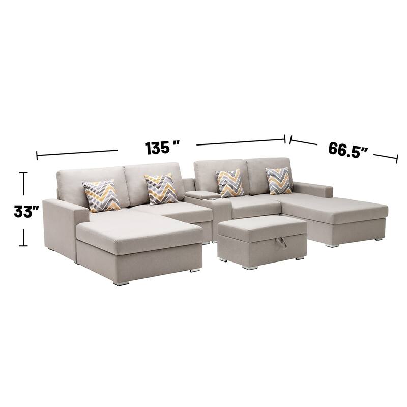 Linen Fabric 6 Piece U-Shaped Double Chaise Sectional Sofa with Interchangeable Legs and Storage Console Table
