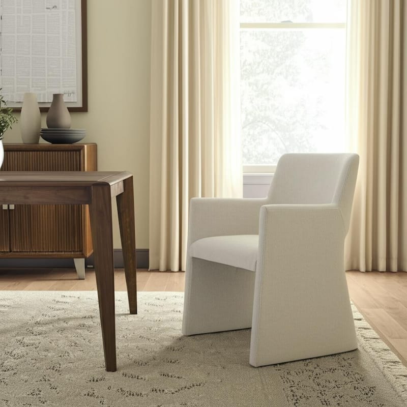 HomeRoots White Upholstered Faux Linen Dining Arm Chair - 23' X '32.7' X '26 - Single - 23' X '32.7' X '26 - White