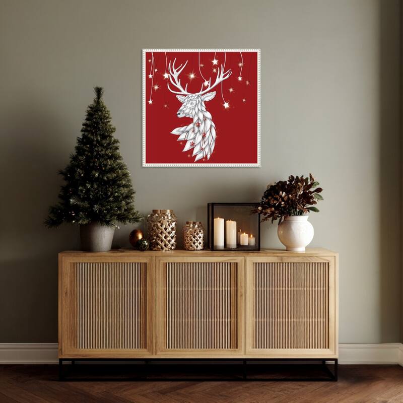 White Deer and Hanging Stars by Fab Funky (22 x 22 in.), Framed Canvas Wall Art Print - Sylvie Beaded White