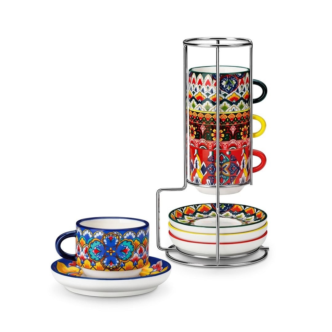 vancasso LUMI 4-Piece Porcelain Stackable Cup and Saucer Set with Metal Rack