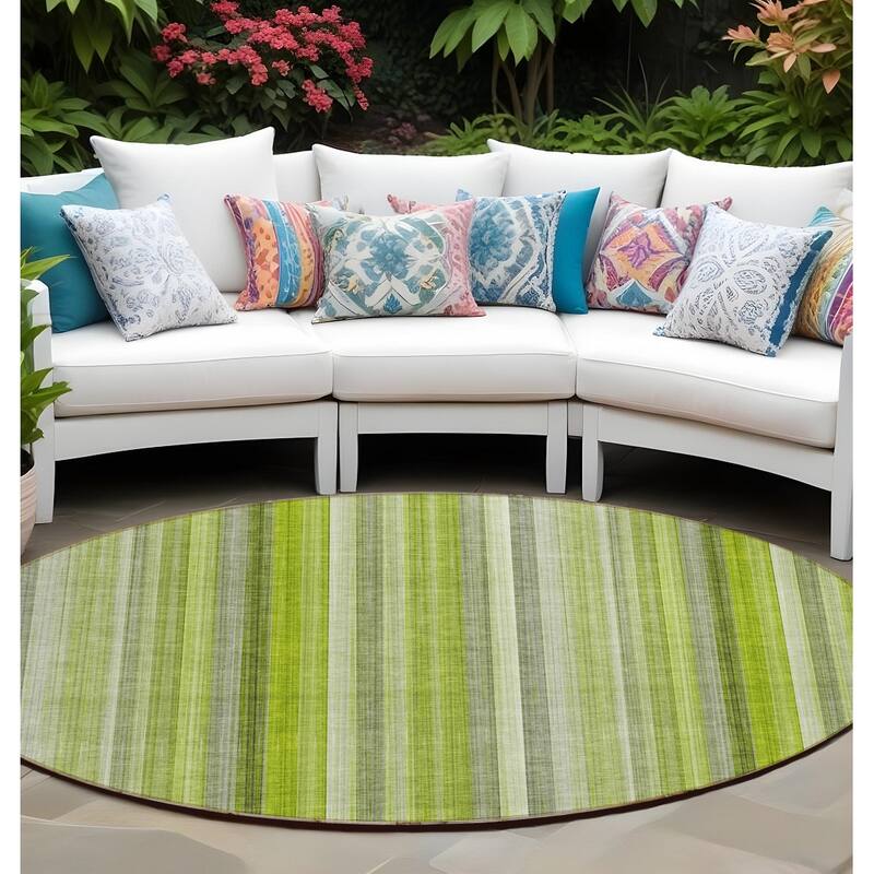 Alvari Stripe Weather Resistant Timeless Fusion Outdoor Rug - 8' Round - Green