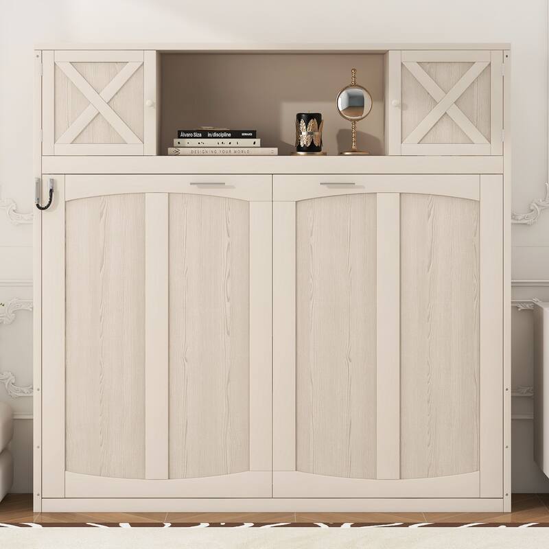 Full Size Murphy Bed Space Saving Cube Cabinet Bed Frame with Top Storage Bookcase Cabinets, Foldable Platform Bed Frame - Beige - Full