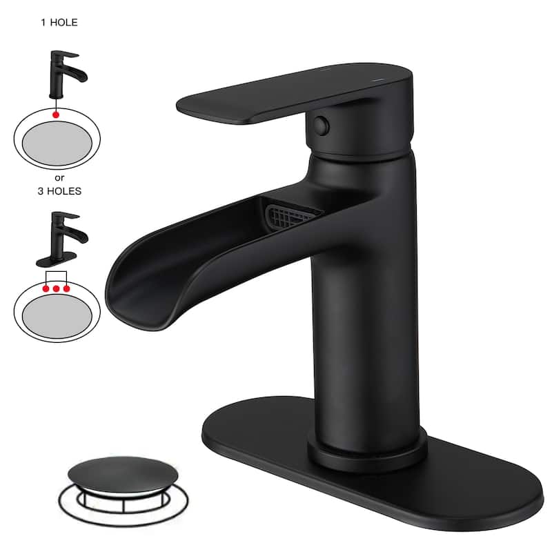 Single Handle Waterfall Spout Sink Faucet with Drain Assembly - Matte Black
