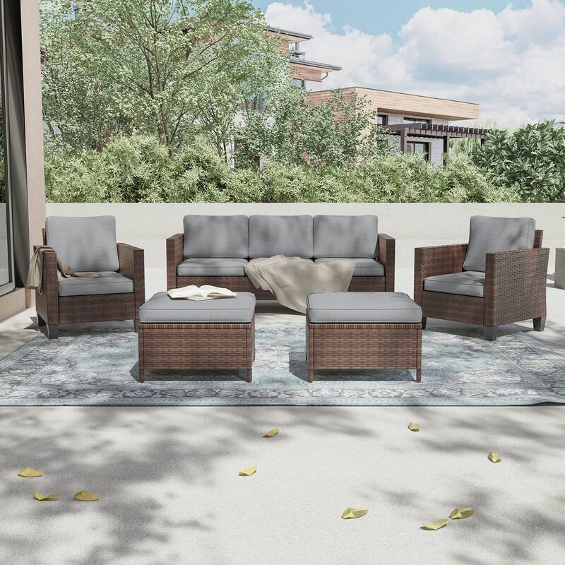 LIVOOSUN 5Pcs Patio Furniture Set Grey Rattan Coversation Seating Set - Brown/Gray